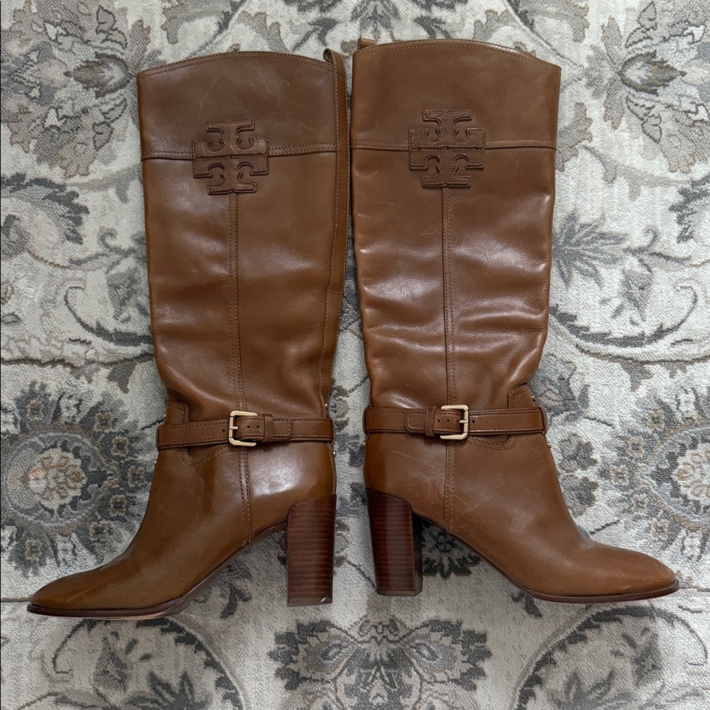 Tory Burch Chestnut Brown Leather Knee-High Heeled Boots